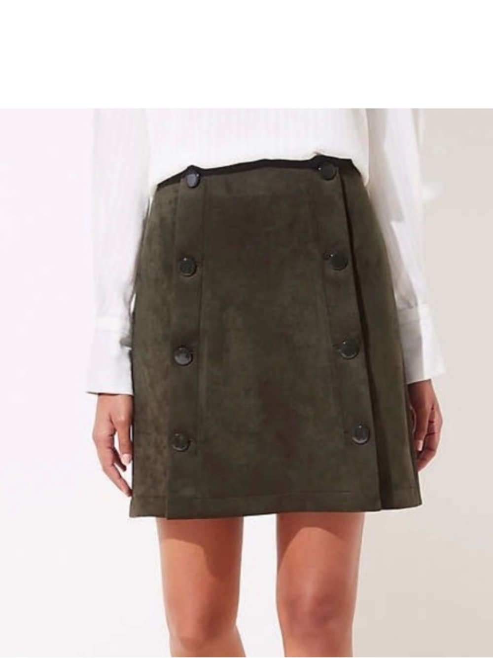 LOFT Olive Green Faux Suede Sailor Button Womens Mini Shift Skirt 2P 2 Petite
